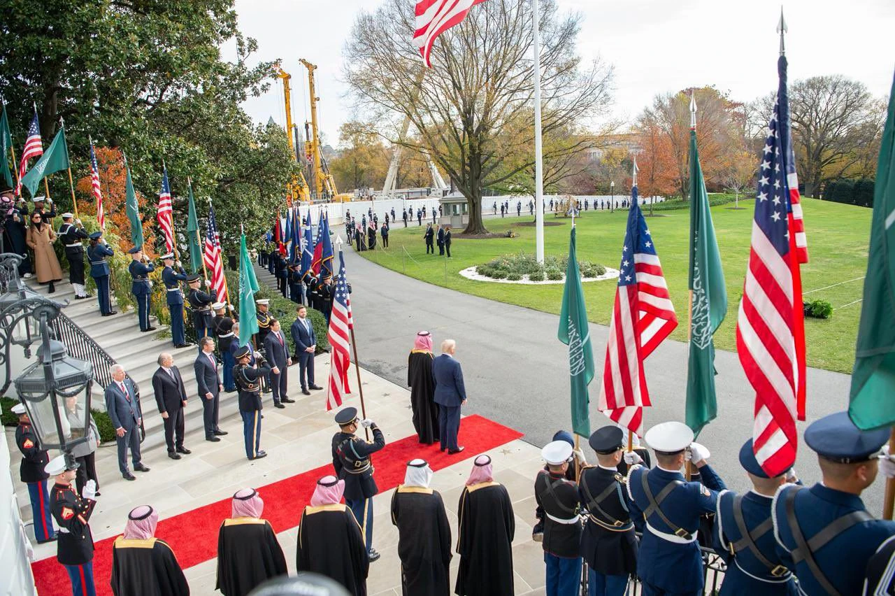 President Trump and Crown Prince Mohammed bin Salman stand on the red carpet at The White House in Washington, DC. Photo credit: Saudi Foreign Ministry