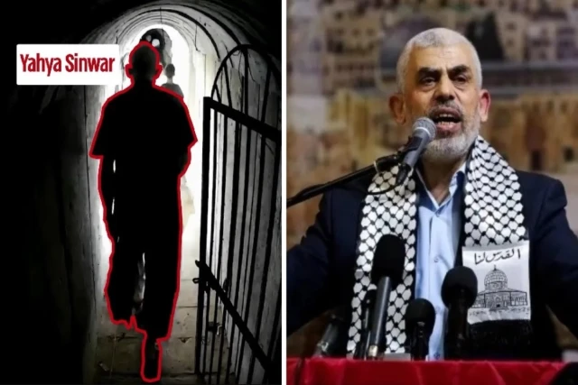 Yahya Sinwar, one of the main Hamas leaders (Left photo: Screenshot from IDF video, right photo: Abed Rahim Khatib/Flash90).