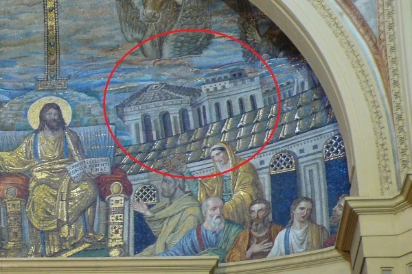 A close up to the Santa Pudenziana church Mosaic at Rome, who show clearly the octagonal Byzantine church to the left, and the square house to the right (Photo: Welleschik - Opera propria / Through Wikipedia).