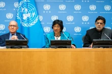 Members of the United Nations Independent International Commission of Inquiry on the Occupied Palestinian Territory, including East Jerusalem, and in Israel, Navanethem Pillay, Miloon Kothari and Chris Sidoti attend a press briefing at the United Nations headquarters in New York, U.S., October 27, 2022. REUTERS/Eduardo Munoz
