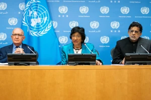 Members of the United Nations Independent International Commission of Inquiry on the Occupied Palestinian Territory, including East Jerusalem, and in Israel, Navanethem Pillay, Miloon Kothari and Chris Sidoti attend a press briefing at the United Nations headquarters in New York, U.S., October 27, 2022. REUTERS/Eduardo Munoz