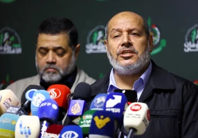 Hamas officials, Khalil Al-Hayya and Osama Hamdan, attend a press conference in Beirut, Lebanon, November 21, 2023. Photo:  Reuters Connect by Esa Alexander
