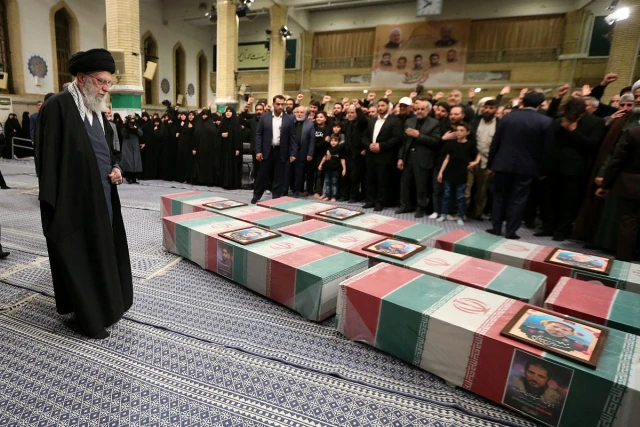 Iran's Supreme Leader, Ayatollah Ali Khamenei looks at the coffins of members of the Islamic Revolutionary Guard Corps who were killed in Damascus, during a funeral ceremony in Tehran, Iran April 4, 2024 (Photo: Office of the Iranian Supreme Leader/WANA (West Asia News Agency)/Handout via REUTERS).