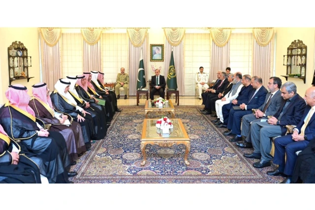 Pakistan's Prime Minister Shehbaz Sharif addresses the Saudi delegations lead by the Saudi Arabia's Foreign Minister Prince Faisal bin Farhan bin Abdullah, at the Prime Minister's House, in Islamabad, Pakistan April 16, 2024 (Photo: Prime Minister Office/Handout via REUTERS).