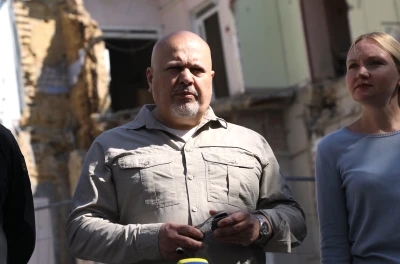 International Criminal Court (ICC) Prosecutor Karim Khan attends a news conference with Ukrainian Prosecutor General Andriy Kostin at the Ohmatdyt National Specialised Children’s Hospital that was damaged by the Russian missile attack on July 8, 2024, Kyiv, capital of Ukraine. (Photo by Ukrinform/Ukrinform/Sipa USA)No Use Russia.