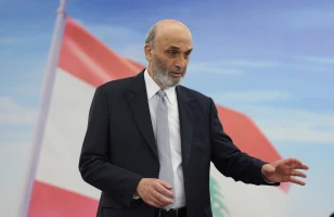 Head of the Lebanese Forces Party Samir Geagea gestures ahead of an interview with Reuters in Maarab, Lebanon November 14, 2024. REUTERS/Mohamed Azakir