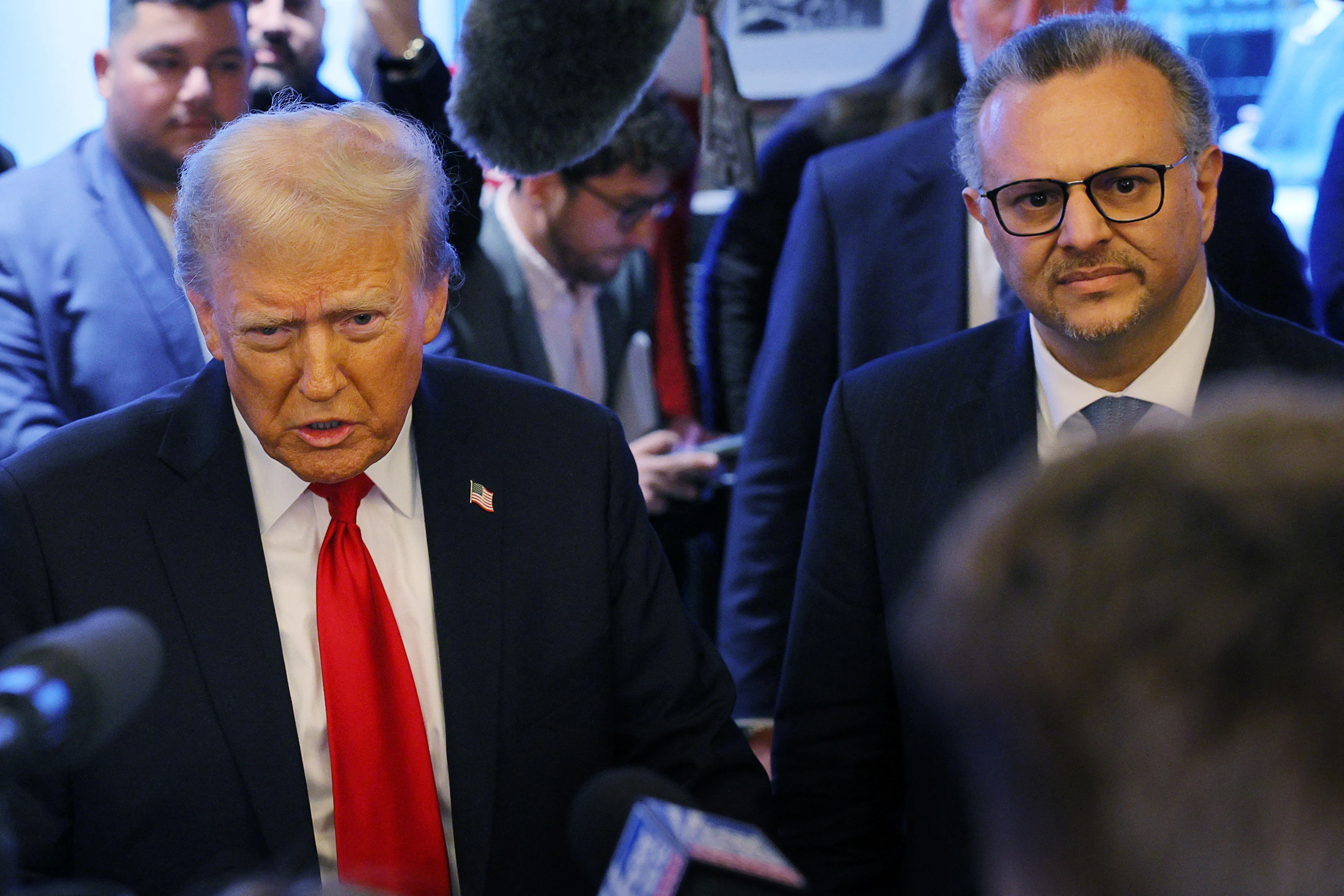U.S. President-elect Donald Trump is joined by Massad Boulos, who was recently named as a 'senior advisor to the President on Arab and Middle Eastern Affairs,' during a campaign stop at the Great Commoner restaurant in Dearborn, Michigan, U.S., on November 1, 2024. REUTERS/Brian Snyder/File Photo