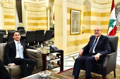 Lebanese Prime Minister Najib Mikati receives the US presidential envoy Amos Hochstein on January 6, 2025. Photo by Lebanese Prime Minister Office via Reuters