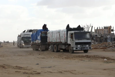 Trucks carrying humanitarian aid and fuel continue to enter the region through the Kerm Abu Salim border crossing in Rafah, Gaza on February 13, 2025. Photo by Ali Hamad/Reuters