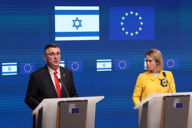 Israeli Foreign Minister Gideon Sa'ar speaks next to High Representative for Foreign Affairs and Security Policy and Vice-President of the European Commission Kaja Kallas as they hold a press conference on the day of an EU-Israel Association Council with European Union foreign ministers in Brussels, Belgium, February 24, 2025. REUTERS/Yves Herman?