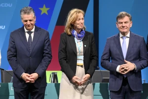 Thorsten Frei, Karin Prien, and Johann Wadephul at the meeting of the Federal Committee of the CDU of Germany at the Estrel Berlin. Berlin, April 28, 2025. (Photo: Reuters)