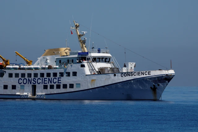 The damaged Gaza Freedom Flotilla vessel "Conscience" is anchored at sea outside Maltese territorial waters, after it was bombed by drones while carrying humanitarian aid to Gaza, May 3, 2025. (Photo: Reuters)