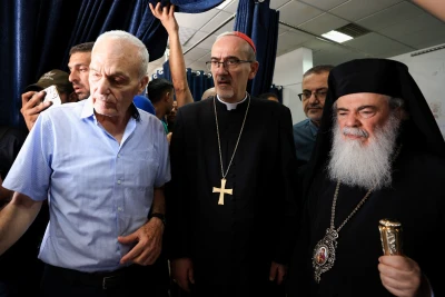 Latin Patriarch of Jerusalem Archbishop Pierbattista Pizzaballa and Greek Orthodox Patriarch of Jerusalem, Theophilos III visit Al-Ahli Arab Hospital, in Gaza City July 18, 2025. REUTERS/Dawoud Abu Alkas