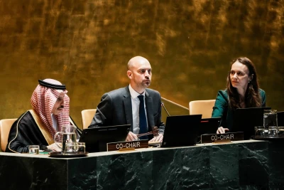 French Foreign Minister Jean-Noel Barrot, speaks as he Co-chair during a High-level International Conference for the Peaceful Settlement of the Question of Palestine and the Implementation of the Two-State Solution at U.N headquarters in New York City, U.S., July 29, 2025. REUTERS/Eduardo Munoz