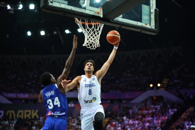 DENI ADVIJA plays during the EuroBasket 2025 game between Israel and France in Katowice, Poland, on August 31, 2025. (Photo by Mateusz Birecki/NurPhoto via Reuters)