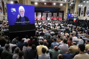 Sheikh Naim Qassem, Secretary General of Hezbollah in Lebanon, addresses via a video message during a commemoration ceremony marking the first anniversary of the killing of Hezbollah leaders Hassan Nasrallah and Hashem Safieddine by Israeli attacks on Lebanon. Tehran, Iran, October 7, 2025 Photo: Reuters Connect