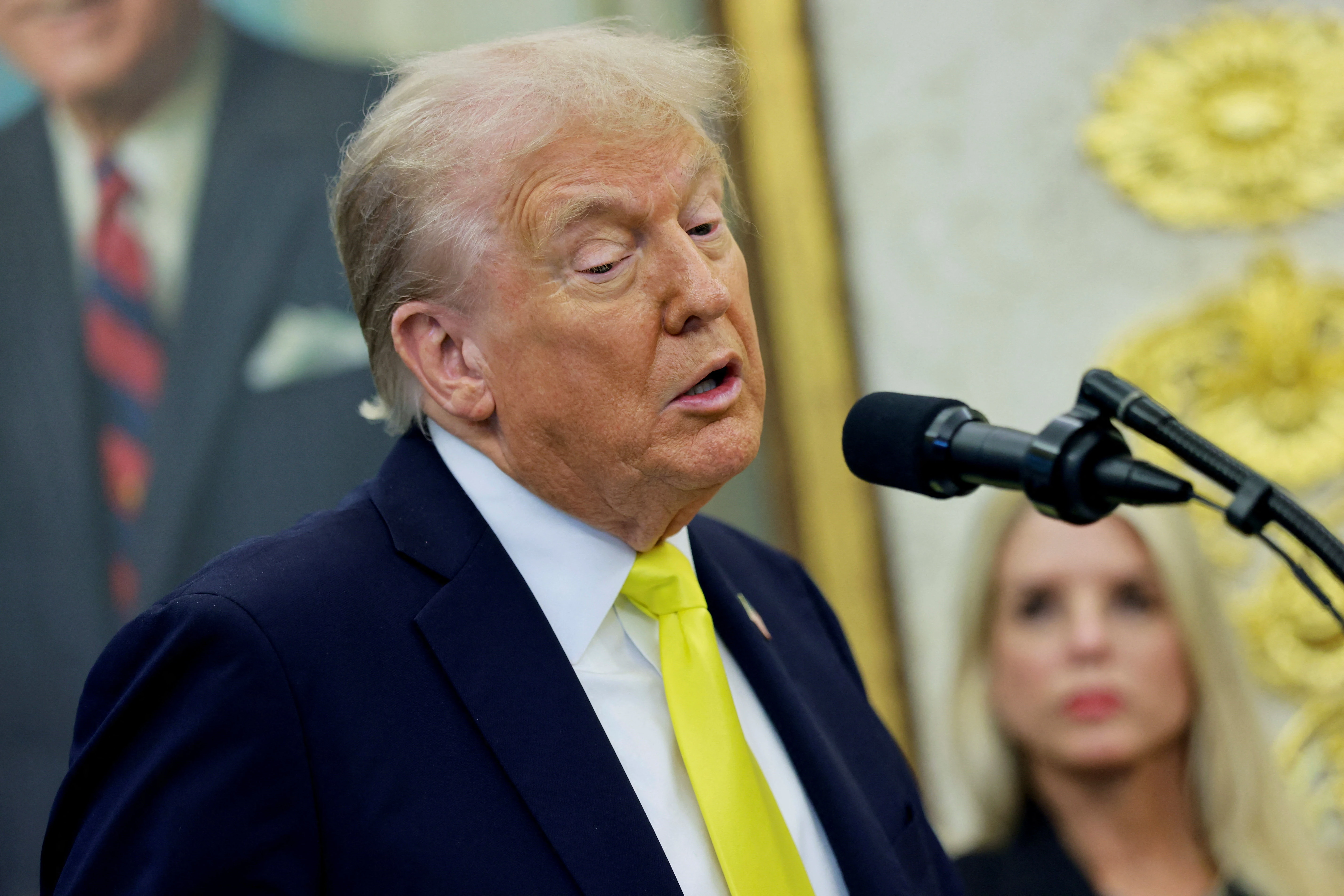 U.S. President Donald Trump speaks during a press conference in the Oval Office at the White House in Washington, D.C., U.S., October 15, 2025. REUTERS/Jonathan Ernst
