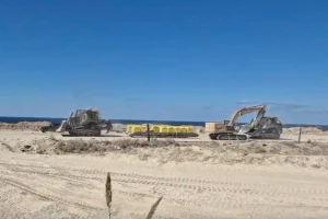 A screengrab from a handout video shows Israeli military vehicles moving barrier blocks to mark the "Yellow Line", in location given as Gaza, released on October 20, 2025. Photo: Israel's Ministry of Defence via Reuters Connect