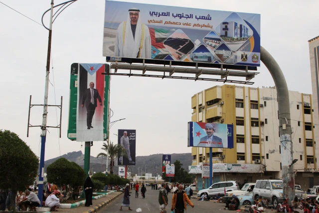 Billboards with images of Sheikh Mohamed bin Zayed Al Nahyan, President of the United Arab Emirates and Aidarous al-Zubaidi, the head of the UAE-backed separatist Southern Transitional Council (STC), in Aden, Yemen, December 30, 2025. Photo: Reuters by Fawaz Salman