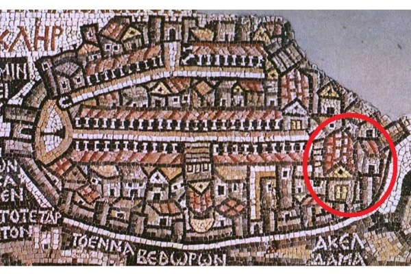 The Madaba Map Mosaic, dated to the 6th century A.D., is facing to the East, depicts Jerusalem during the Byzantine period and shows the square house on the right of the Byzantine Basilica (The larger and later Byzantine renovated church of Hagia-Sion), see it encircled in a red circle (Photo: Wikimedia).