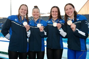 The Israel Swimming team in the 200X4 freestyle made history by winning the gold medal at the European Championships in Belgrade. The Israeli quartet - Anastasia Gorbanko, Daria Golovati, Ayala Spitz and Leah Polonski. On June 17, 2024 (Photo: From Social Media of Israel Swimming Association).