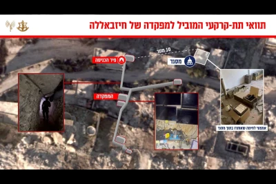Hezbollah underground command center found by IDF troops in southern Lebanese village, with a nearby weapons depot in a mosque (Graphic by IDF).