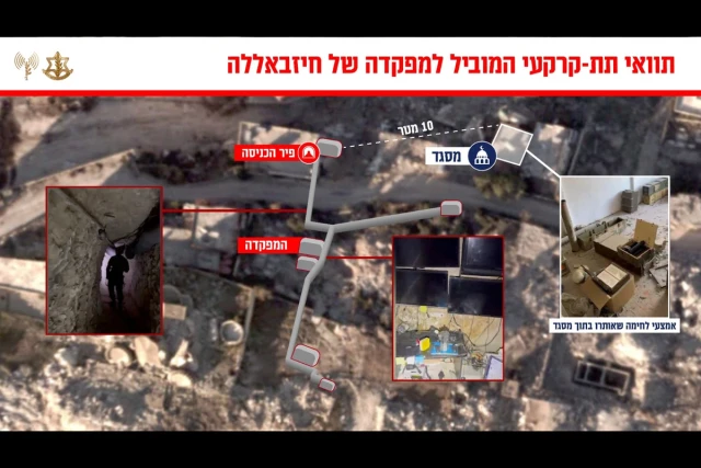 Hezbollah underground command center found by IDF troops in southern Lebanese village, with a nearby weapons depot in a mosque (Graphic by IDF).