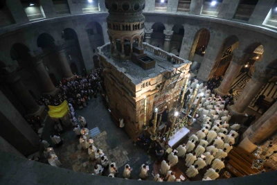 Christian worshippers take part in the traditional procession of the Catholic Washing of the Feet ceremony on April 1, 2021. (Photo: Jamal Awad/Flash90)
