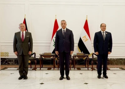 (L-R)  Jordanian King Abdullah II, Iraqi Prime Minister Mustafa al-Kadhimi and Egyptian President Abdel Fattah al-Sisi at a trilateral summit in Baghdad, June 27, 2021 (Photo: Government of Iraq)