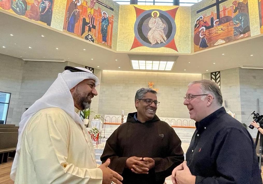 (L-R) Husain Al Habib, Father Saji Thomas and Joel C. Rosenberg on a tour of the Cathedral of Our Lady of Arabia in Manama, Bahrain, Apr. 23, 2022 (Photo: ALL ARAB NEWS)