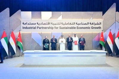 UAE Deputy Prime Minister Sheikh Mansouri bin Zayed Al Nahyan, Prime Minister of Egypt Mostafa Madbouly and Prime Minister of Jordan Bisher Al-Khasawneh at an economic partnership signing between the three countries. (Photo: Wam)