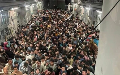 Some 640 Afghans crammed into a US Air Force C-17 that flew from Kabul Airport to Qatar on Aug. 15, fleeing after the Taliban take over of the country (Courtesy: Defense One)