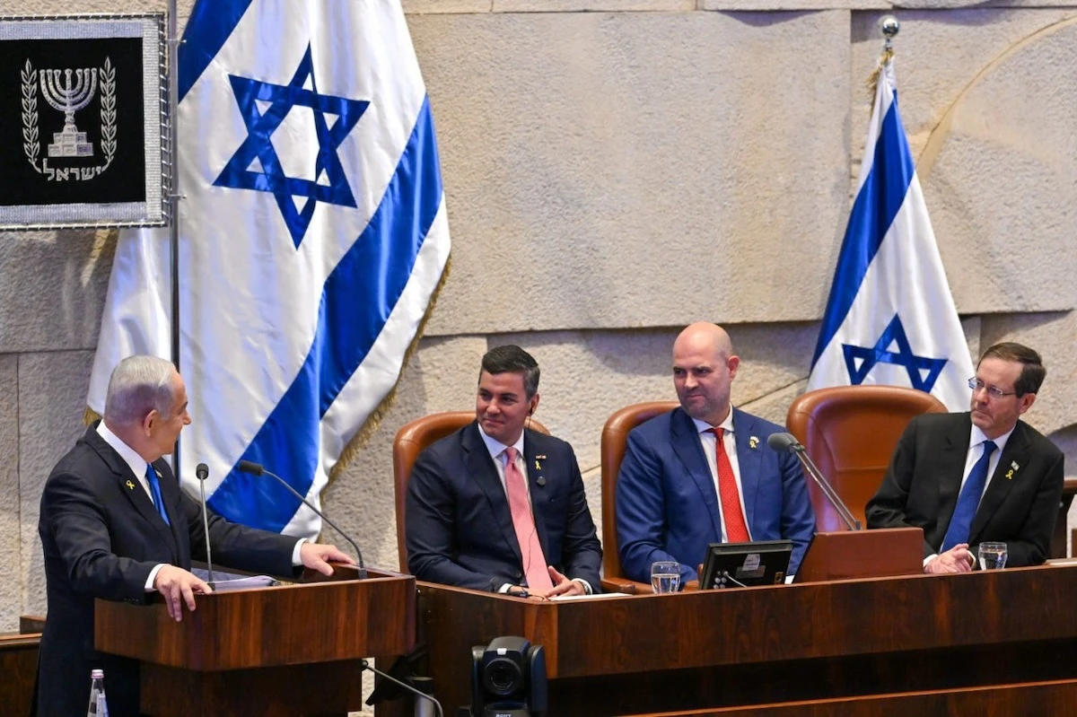 Prime Minister Benjamin Netanyahu speaks at a special Knesset session in honor of President of the Republic of Paraguay Santiago Peña, Dec. 11, 2024. (Photo: Koby Gideon/GPO)