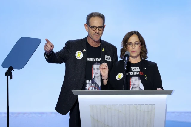 Ronen and Orna Neutra, the parents of U.S.-Israeli citizen Omer Neutra, held hostage in Gaza since October 7, speak during Day 3 of the Republican National Convention (RNC), at the Fiserv Forum in Milwaukee, Wisconsin, July 17, 2024. REUTERS/Mike Segar)