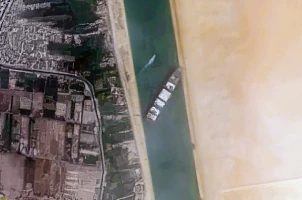 Container Ship 'Ever Given' stuck in the Suez Canal, Egypt - March 24, 2021. (Photo: Wikimedia Commons/Contains modified Copernicus Sentinel data [2021], processed by Pierre Markuse)