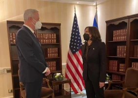 Israeli Defense Minister Benny Gantz meets US Vice President Kamala Harris meet at the Munich Security Conference, Feb. 19, 2022