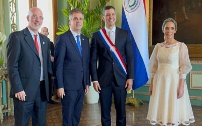 Israel Ambassador to Paraguay Yoed Magen, Foreign Minister Eli Cohen, Paraguay President Santiago Peña and First Lady Leticia Ocampos
(Photo: Israel Foreign Ministry)