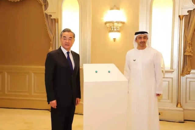 Chinese Foreign Minister Wang Yi and UAE Foreign Minister Sheikh Abdullah bin Zayed Al Nahyan during FM Wang's Middle East visit, March 28, 2021 (Photo: Twitter/Chinese MFA)