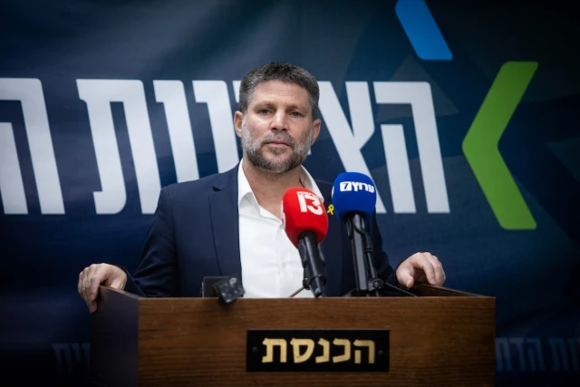 Minister of Finance Bezalel Smotrich leads a faction meeting at the Knesset in Jerusalem, July 22, 2024. (Photo: Oren Ben Hakoon/Flash90)