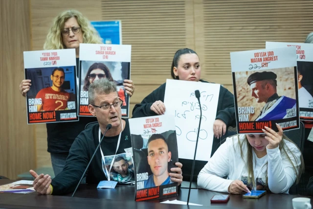 Hagai Angrest, the father of hostage Matan Angrest, speaks during Economic Committee meeting at the Knesset in Jerusalem, March 3, 2025. (Photo: Chaim Goldberg/Flash90)