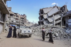 UN vehicle driving in Khan Younis, in the southern Gaza Strip, October 14, 2025. (Photo: Abed Rahim Khatib/Flash90)