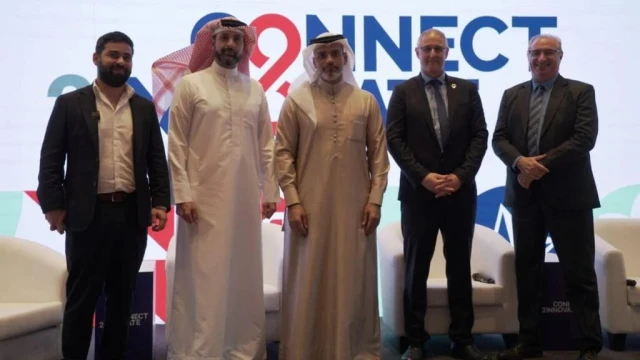 From left to right: Nave Shachar, Innovation Diplomacy GCC director, Start-Up Nation Central; Khalid Yusuf Ahmed Al Jalahma, Bahrain’s ambassador to Israel; Ali Halwachi, Alpha Solar CEO; Ofir Gomeh, managing partner, Capital Nature; Israeli Ambassador to Bahrain Eitan Na’eh
