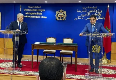Israeli Foreign Minister Yair Lapid and his Moroccan counter part Nasser Bourita delivery remarks during Lapid's visit in Rabat, Morocco, Aug. 11, 2021 (Photo: Israeli Ministry of Foreign Affairs)