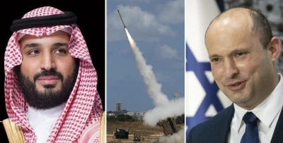 Saudi Crown Prince Mohammed bin Salman (Photo: Facebook), Iron Dome missile defense battery ( Photo: David Buimovitch/Flash90), Israeli Prime Minister Naftali Bennett (Photo: Yonatan Sindel/Flash90)