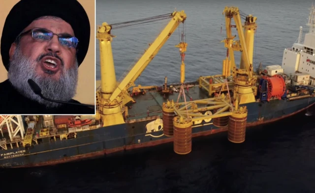 Manifold installation at the Karish field off the coast of Israel (Photo: Screenshot), Hezbollah leader Sheikh Hassan Nasrallah (Photo: Pottemagerens-Hus/Facebook)