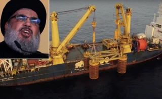 Manifold installation at the Karish field off the coast of Israel (Photo: Screenshot), Hezbollah leader Sheikh Hassan Nasrallah (Photo: Pottemagerens-Hus/Facebook)