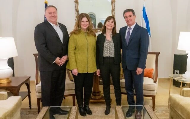 Then-Secretary of State Mike Pompeo with his wife, Susan, and Mossad director Yossi Cohen with his wife, Aya, on January 15, 2021. (photo credit: State Department Twitter feed)