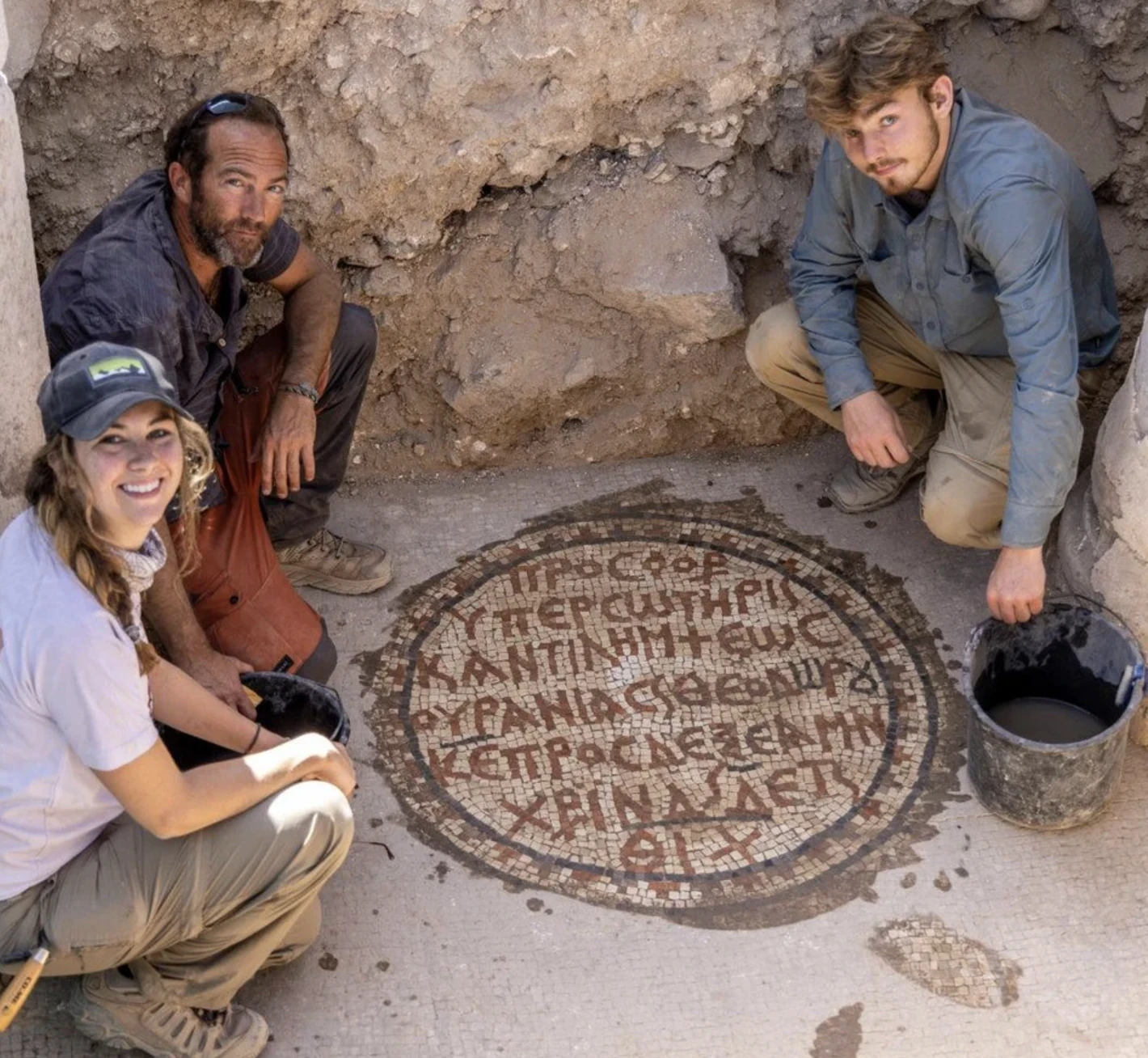 The first cleaning of the medallion inscription in the southern sideroom at the Martyrion of Theodoros.Credit: Michael Eisenberg
