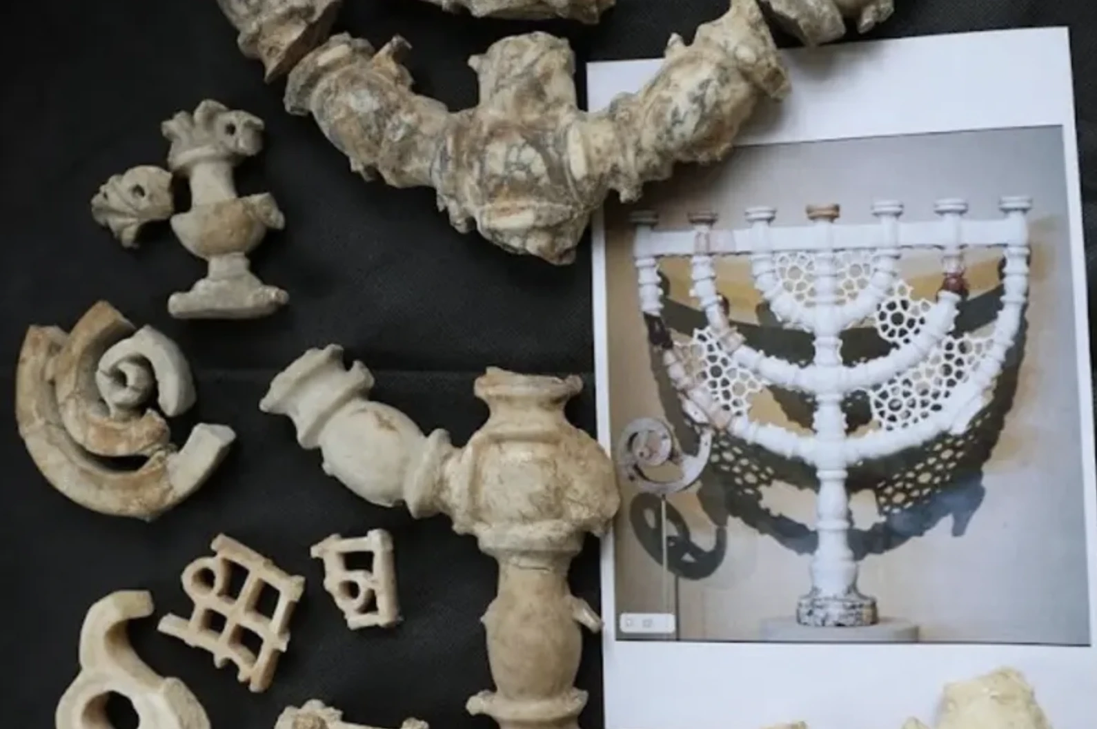 Pieces of a menorah found at the Panagoria synagogue archaeological site. (Photo: Volnodlo Pangoria Foundation)