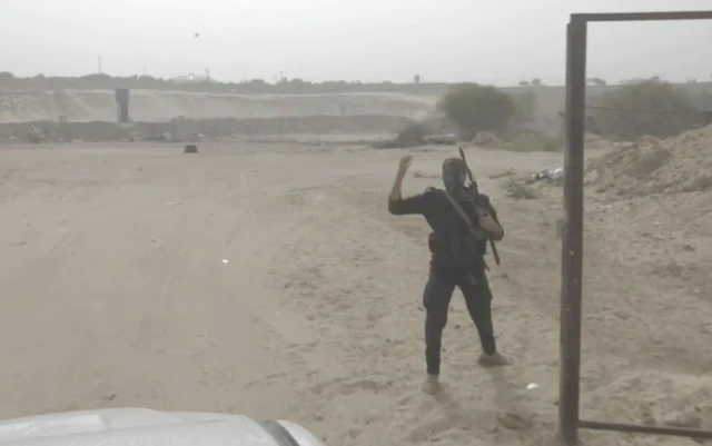 This image from video posted to social media by Hamas on Sept. 12, 2023 shows a live-fire exercise dubbed operation “Strong Pillar” outside Al-Mawasi, a Palestinian town on the southern coast of the Gaza Strip.